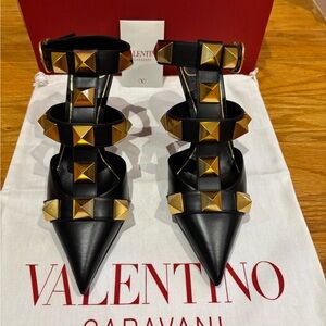 Valentino Black and Gold Rockstud Heels